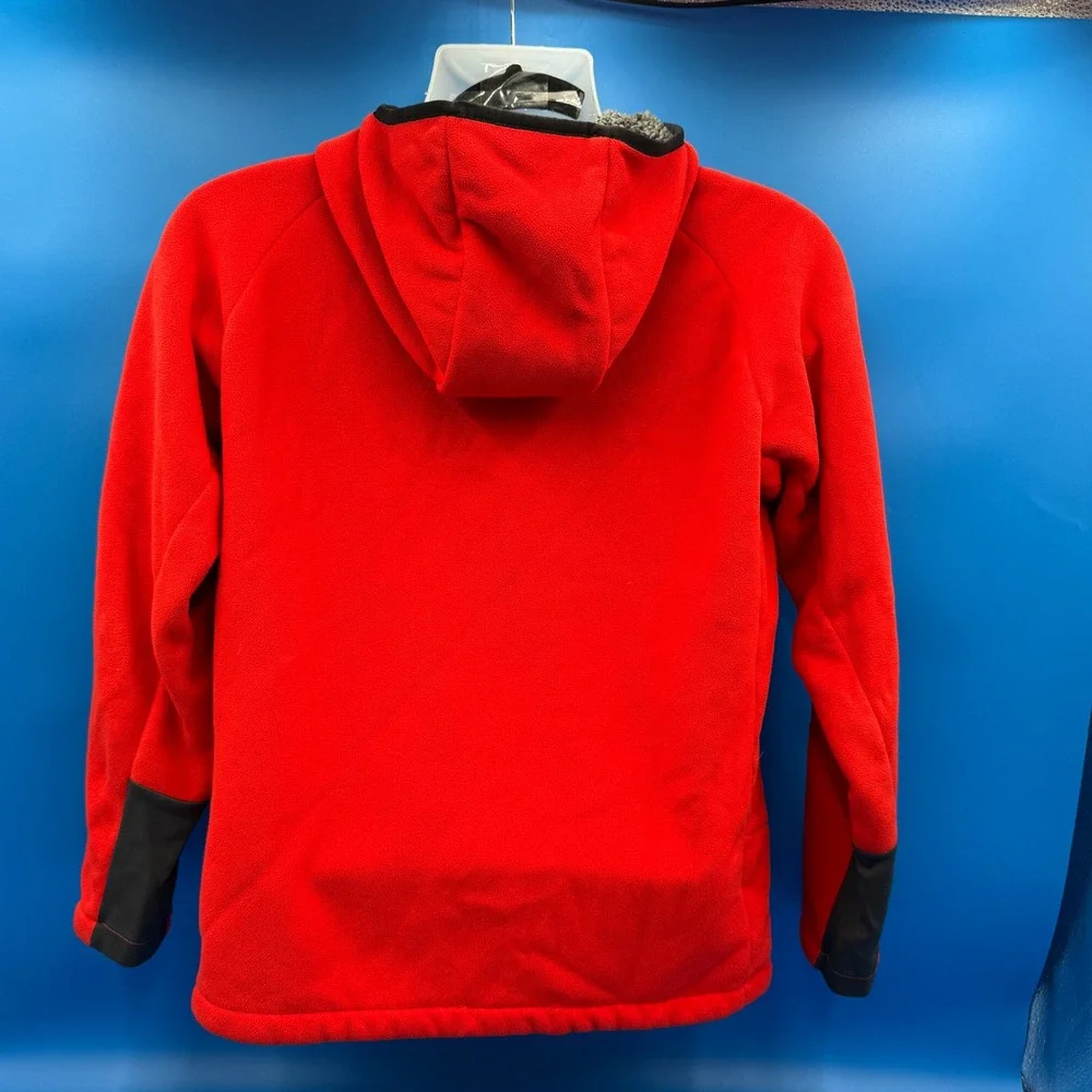 The North Face Orange Fleece Hooded Jacket Boys XL Full Zip‎ Logo Pocket Warm